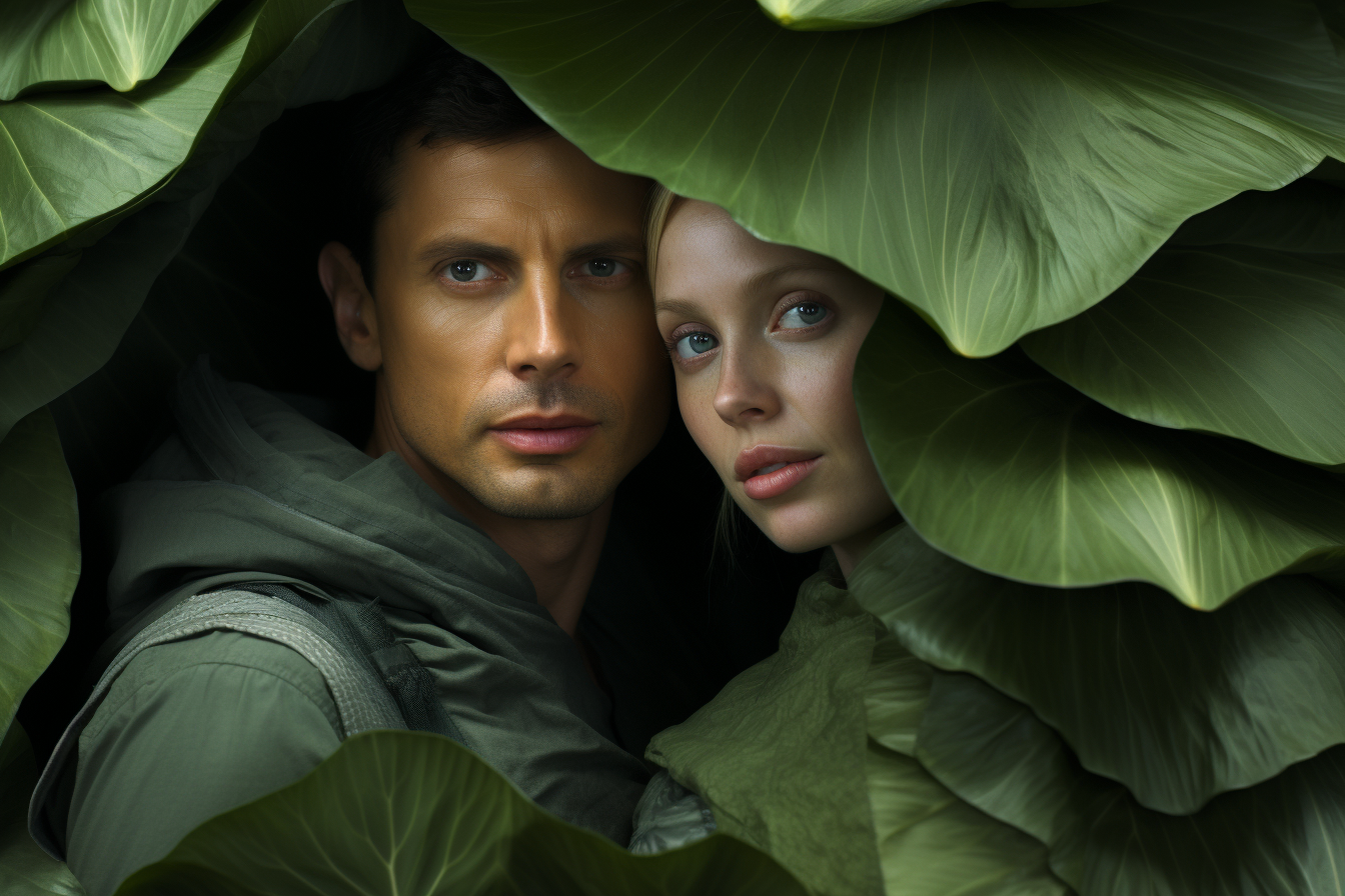 Man and woman wrapped in lotus leaves