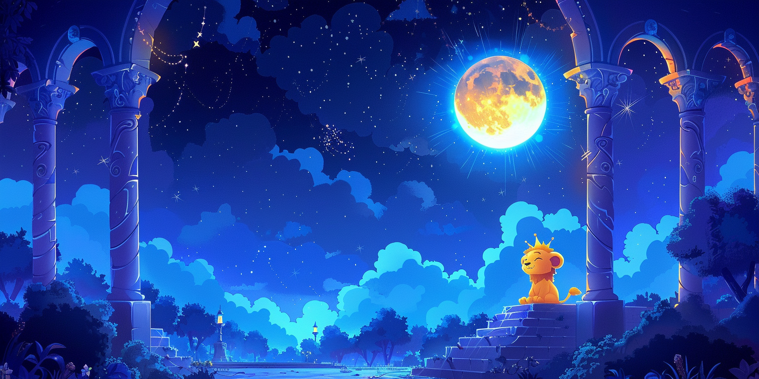 Lion cub in palace under moonlight