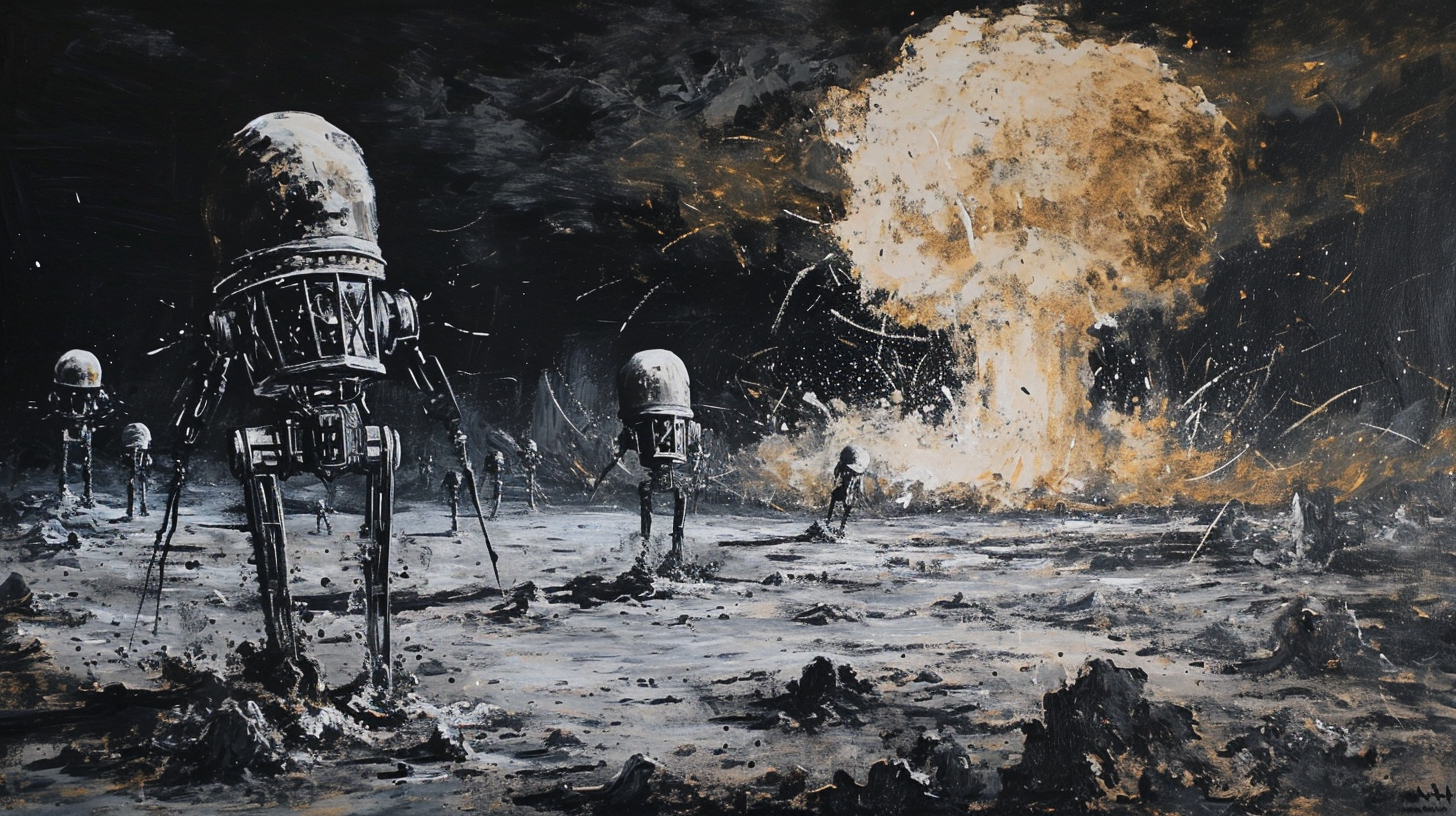 Broken Lovecraftian Robots Rusting and Nuclear Bomb Explosion