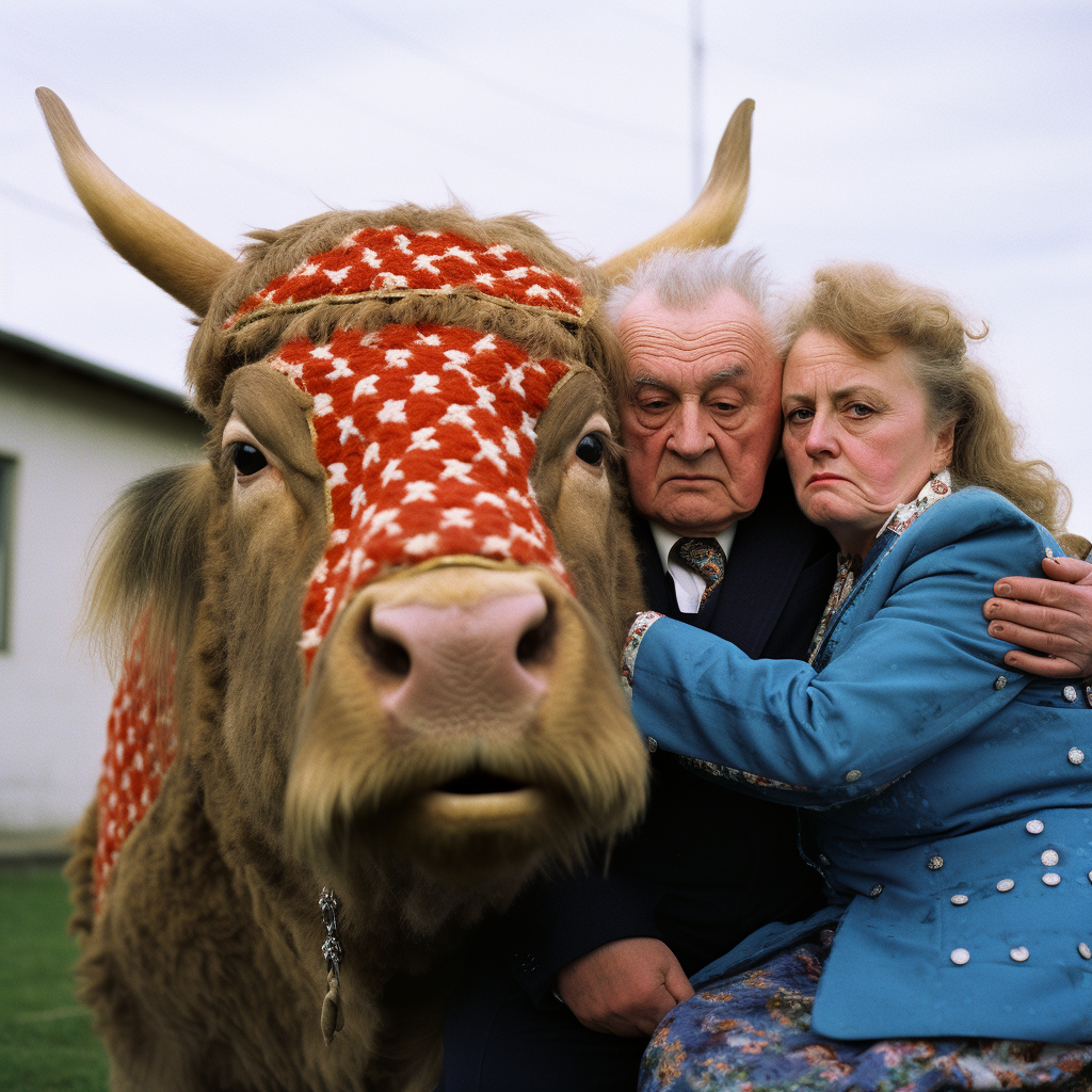 Playful image of couple riding hairy bull