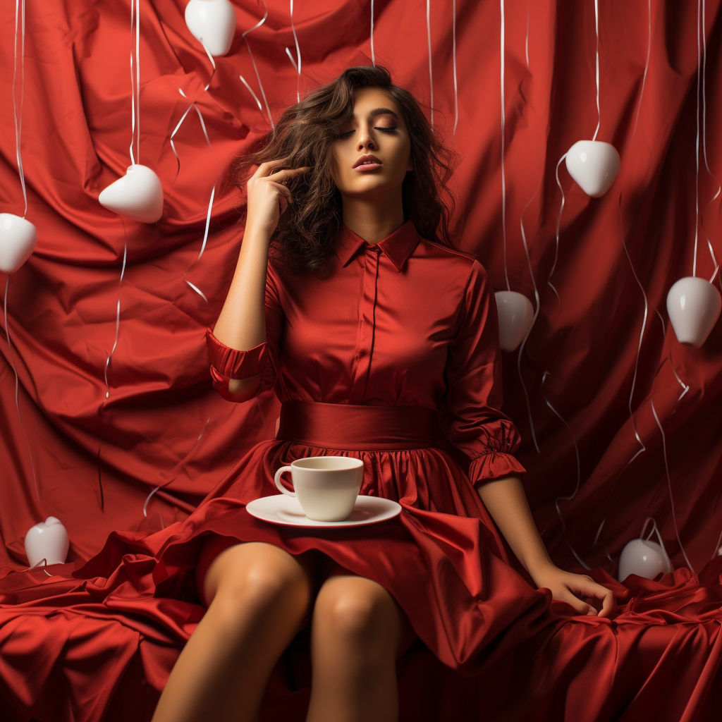 Model in Red Dress Drinking Coffee