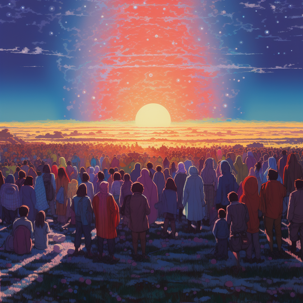 Luminous giant crowd meeting artwork