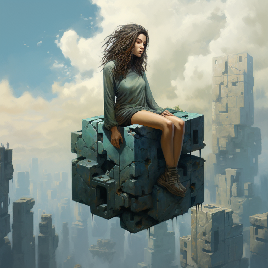 Woman with Lush Hair Sitting on Cube at End of World