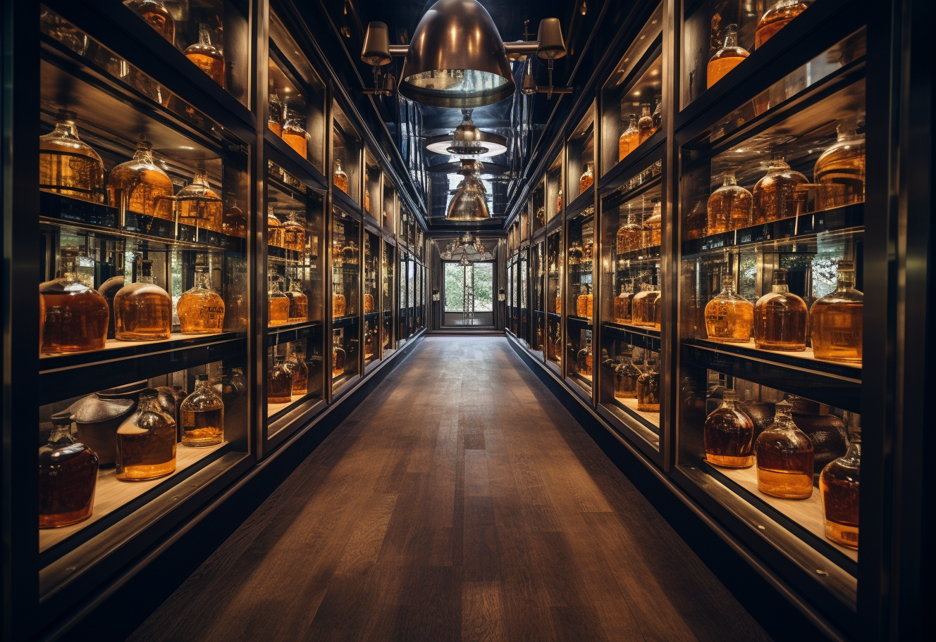 Bottles of luxury whisky on wooden shelves