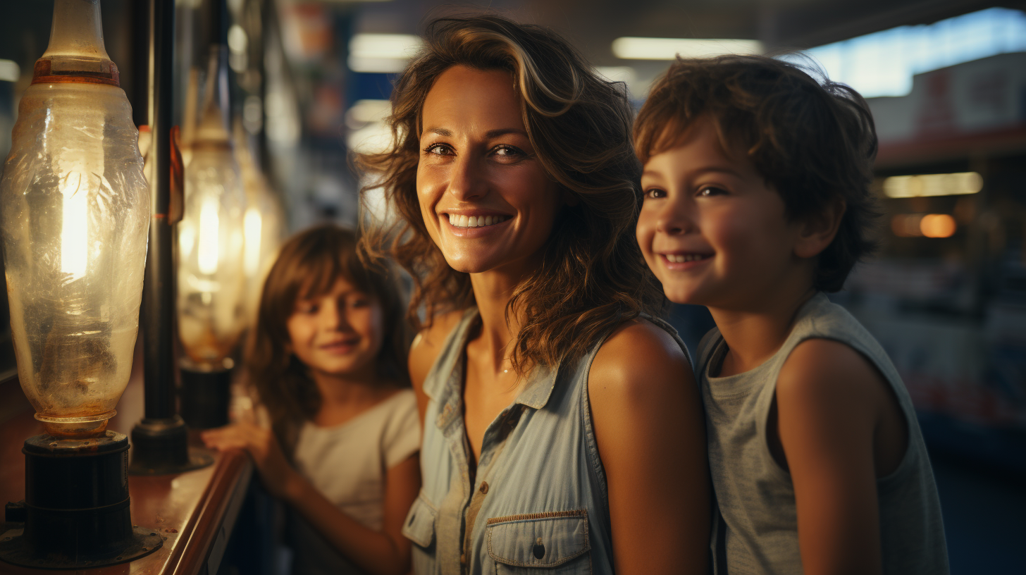 Mother filling up car with kids inside