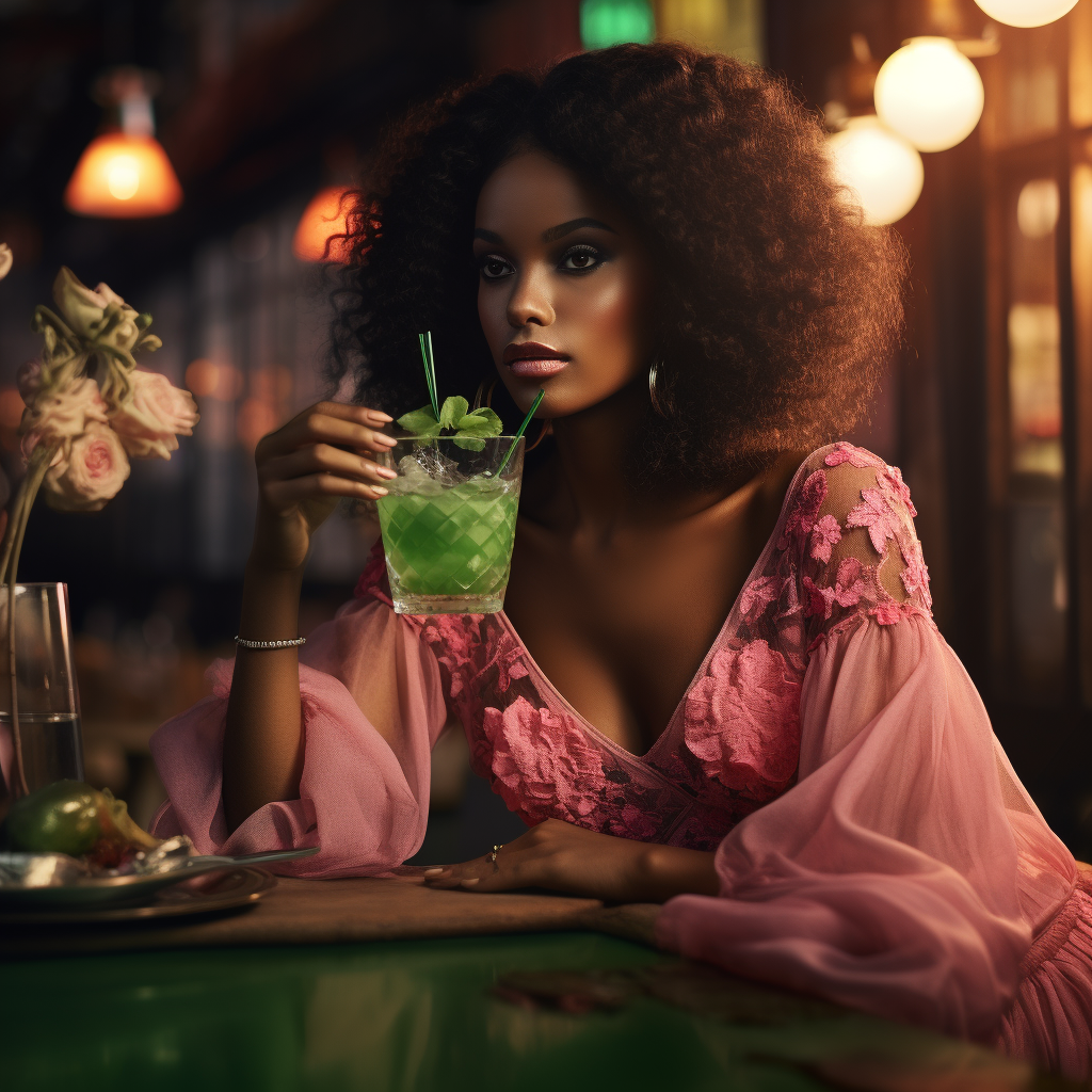 Stylish African American fashion model drinking at a bar.