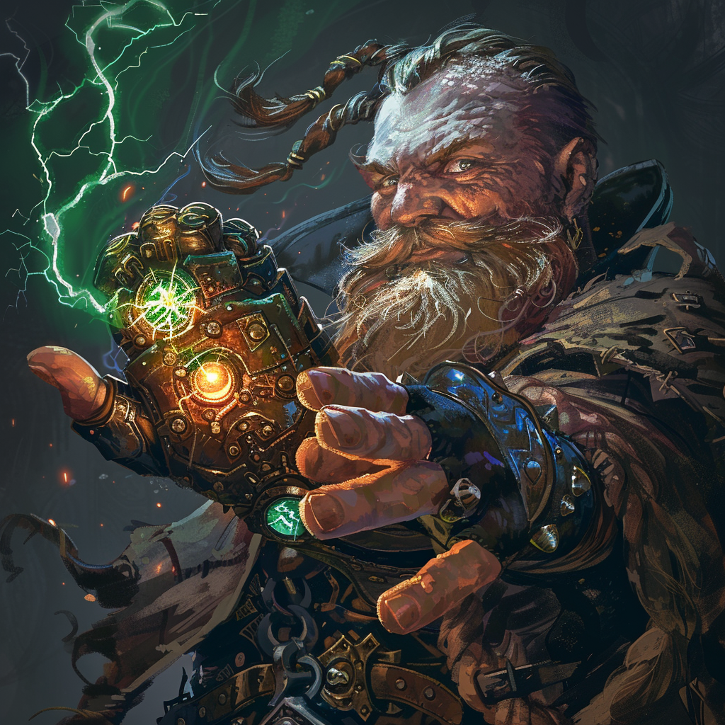 Dwarf male with magical gauntlet