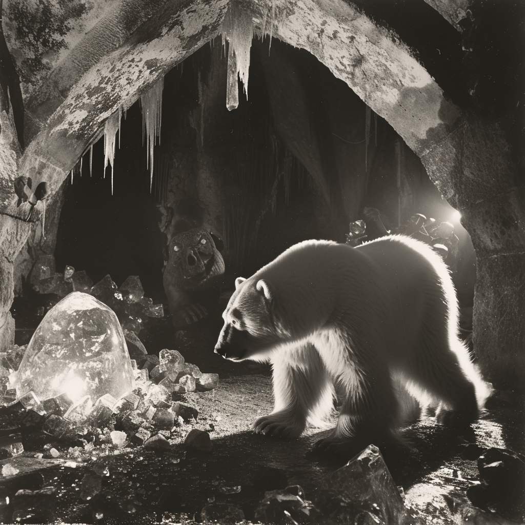 Polar Bear Guarding Amphora with Crystals and Stones