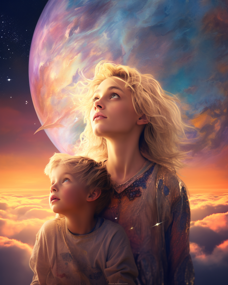 Young blond boy and giant mommy looking up at the moon