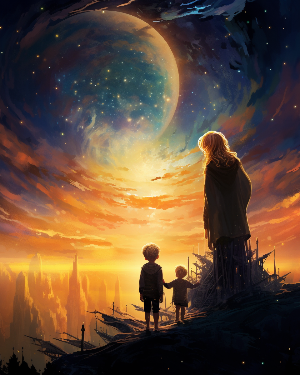 Young boy and his mommy looking at the moon and planets  ??