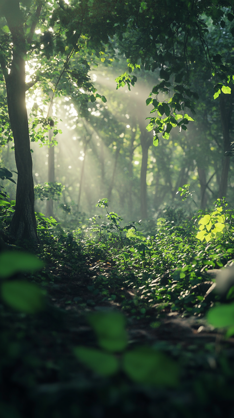 Enchanted forest with light rays