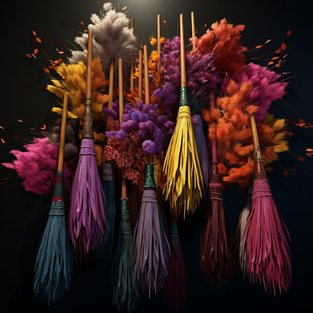 Vibrant witch brooms in flight