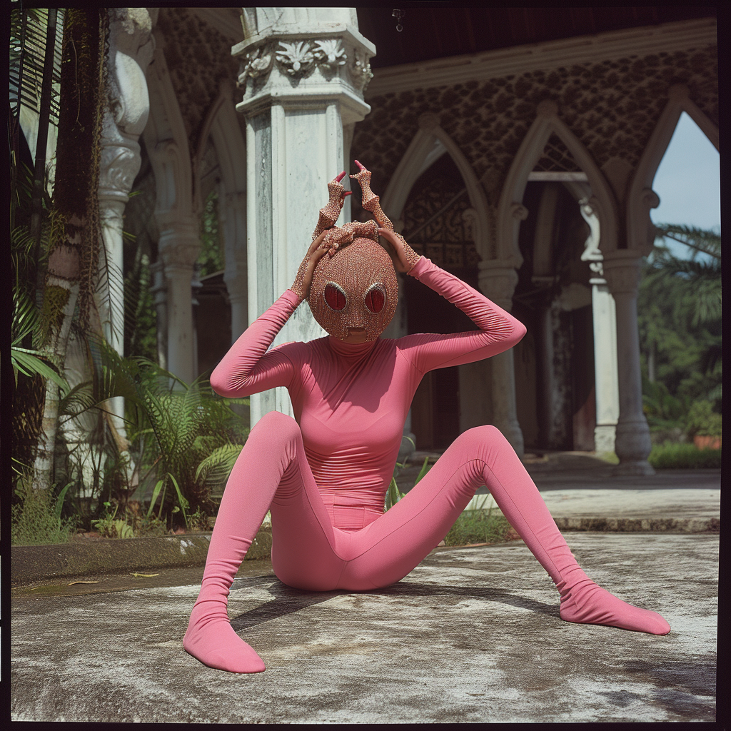 Supermodel wearing pink leggings with facehugger head wrap