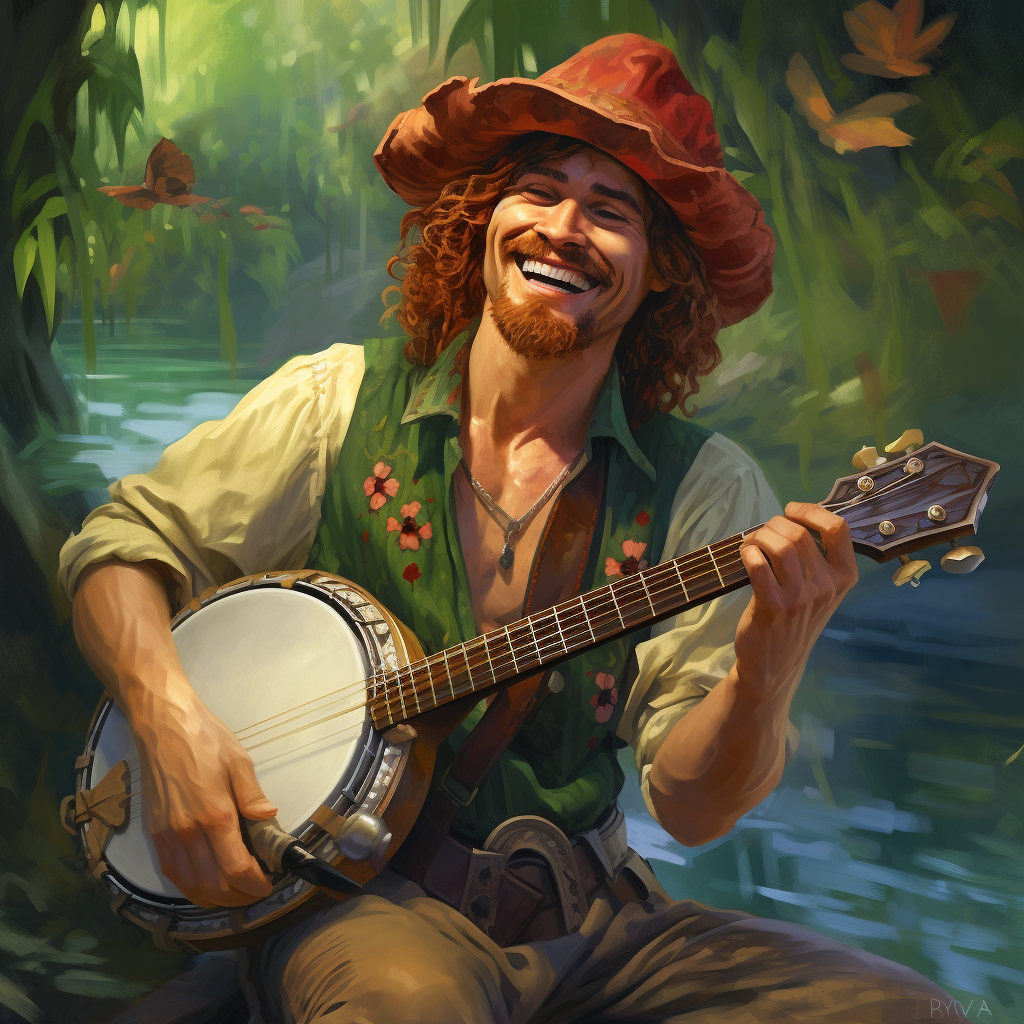 Smiling male bayou elf playing banjo