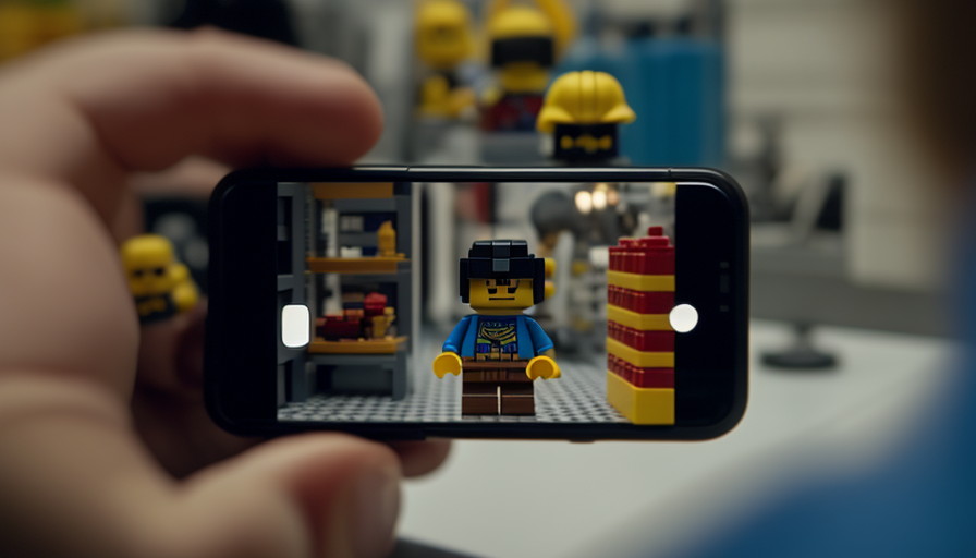 Male Hand Holding Cellphone in Lego Store