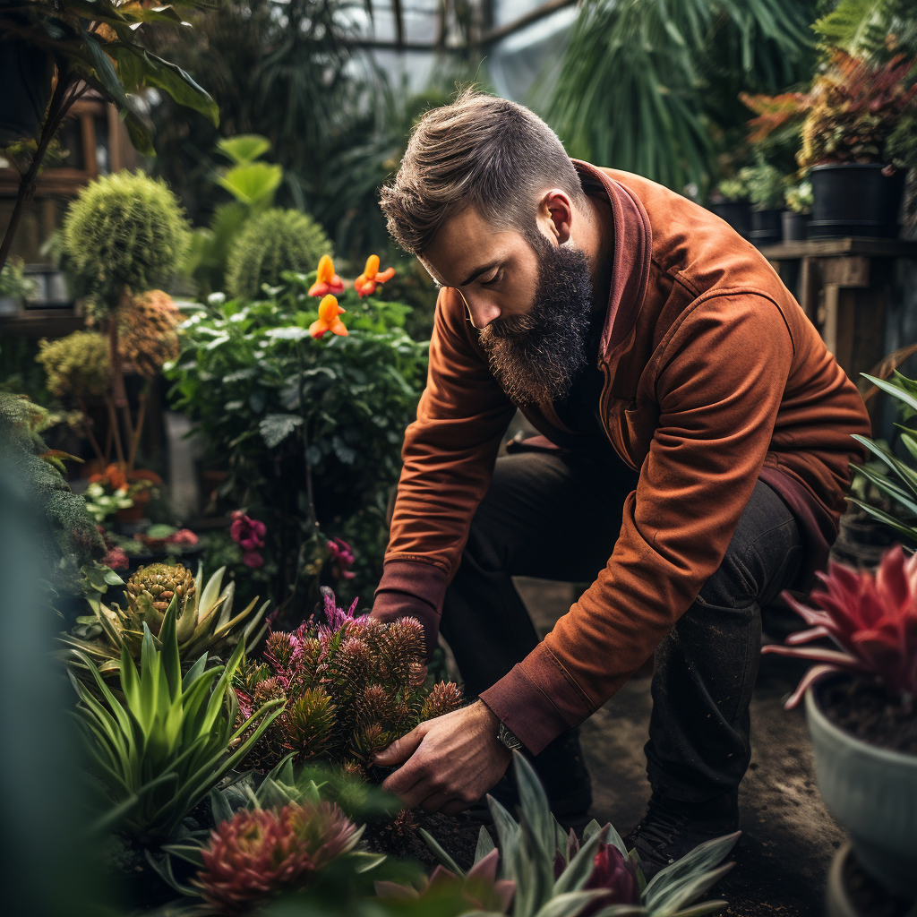 Male Plant Whisperer nurturing plants