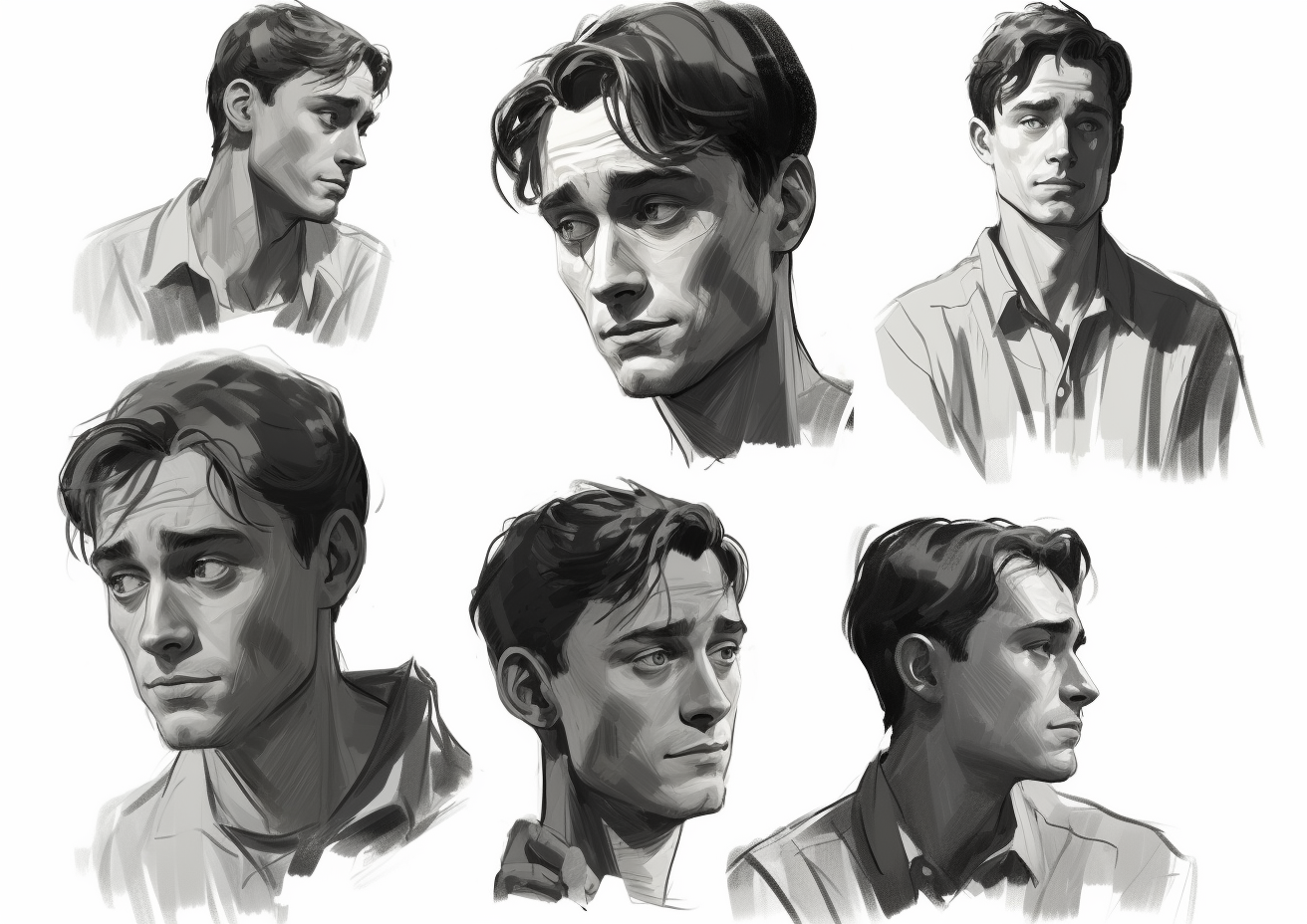 Sketches of male subtle sad anxious expressions