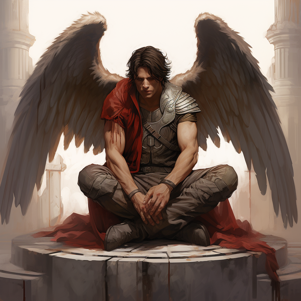 Male angel crouching in epic DND artwork