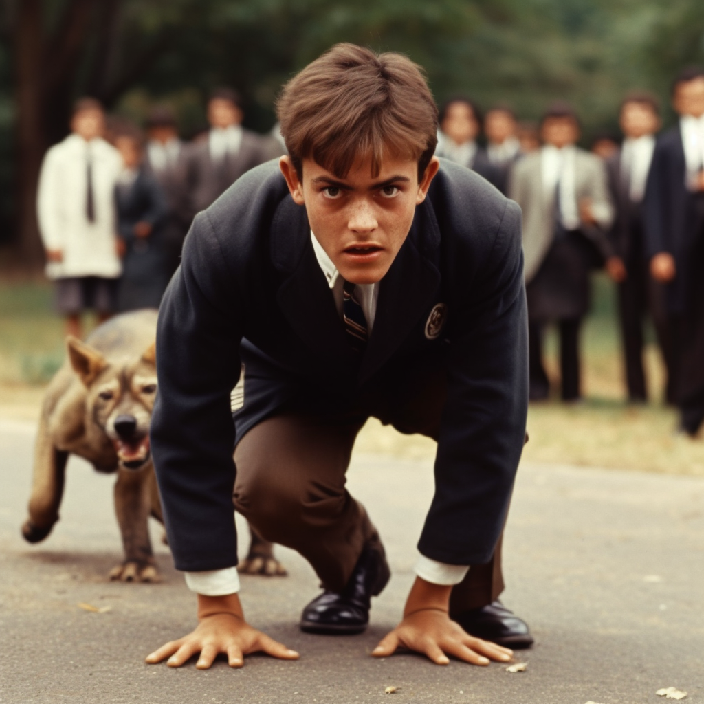 Wild dog-like male classmate in school uniform