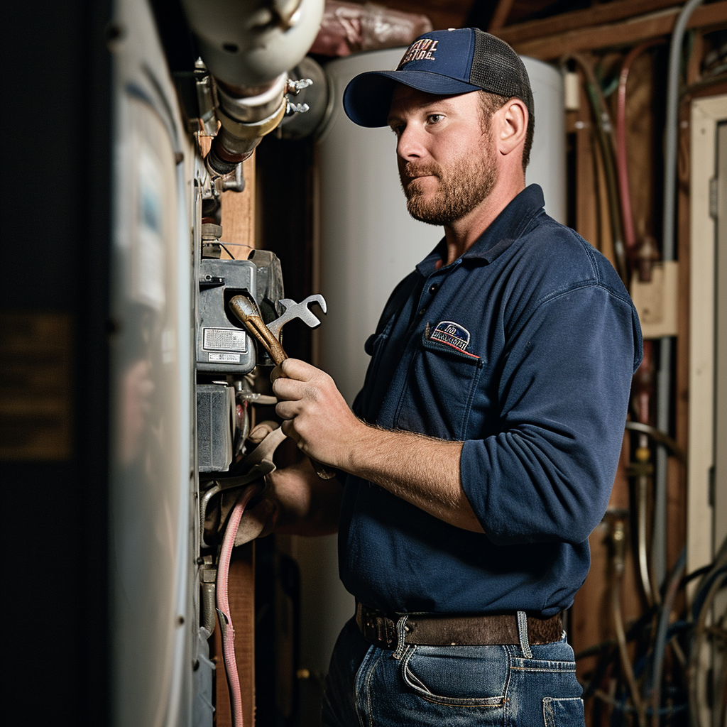 Man working with wrench on furnace