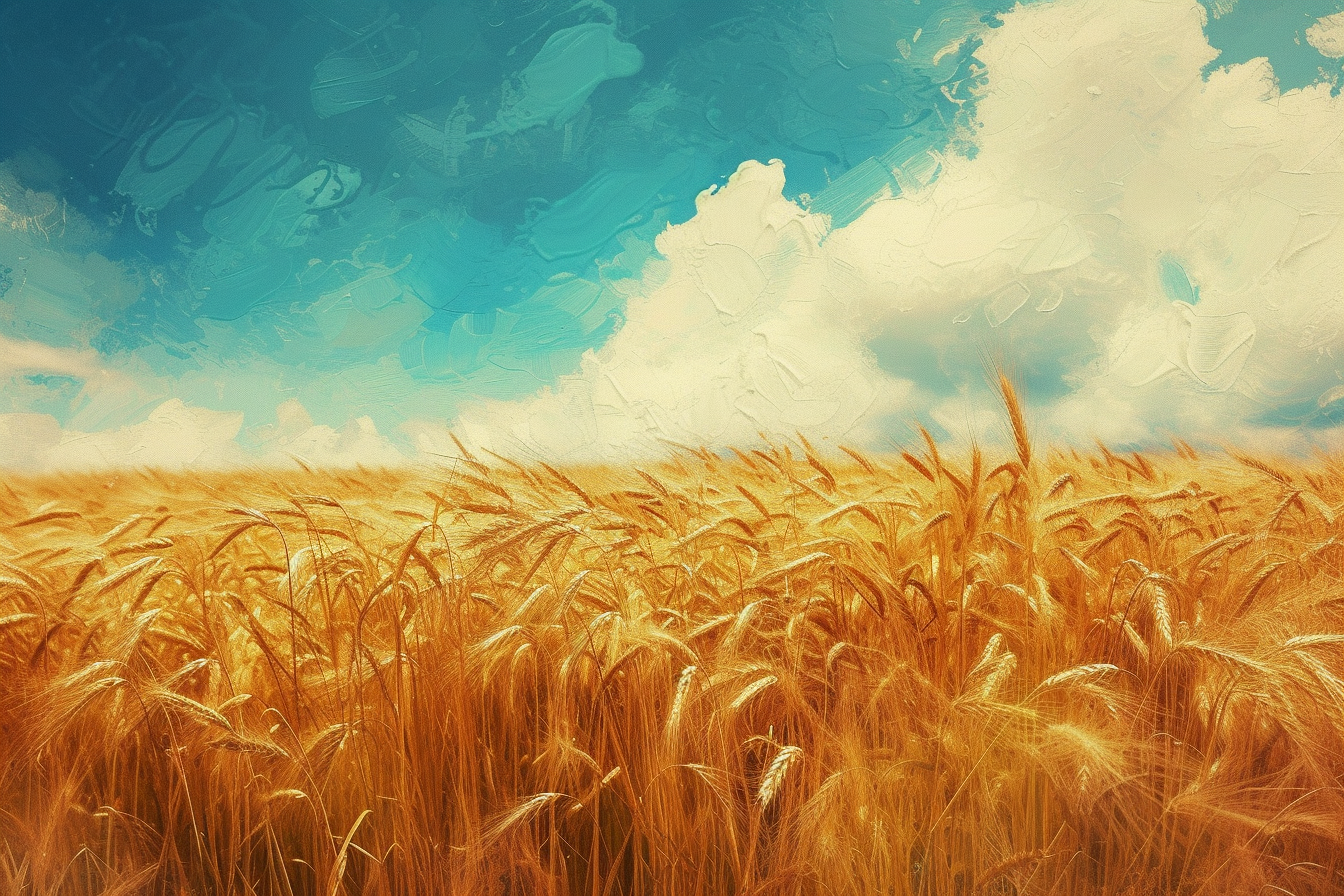 Malt field in Magritte painter style with happy cyan tone