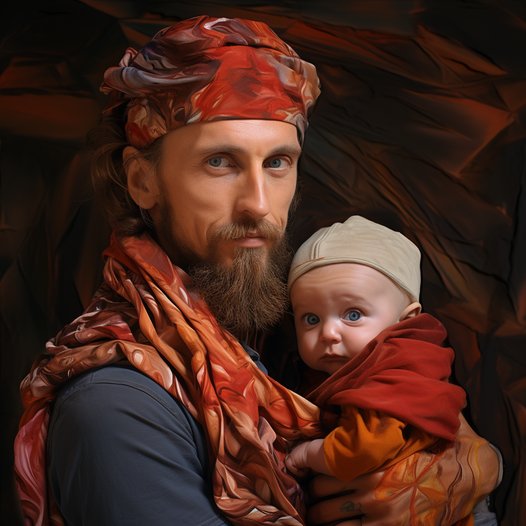 Man with Baby Wearing Bandana Impasto Droste