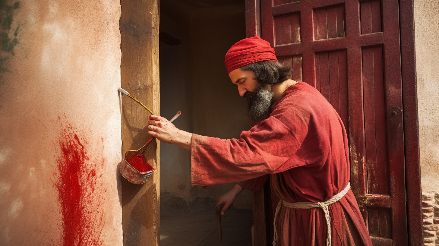 man in biblical clothing applying red paint