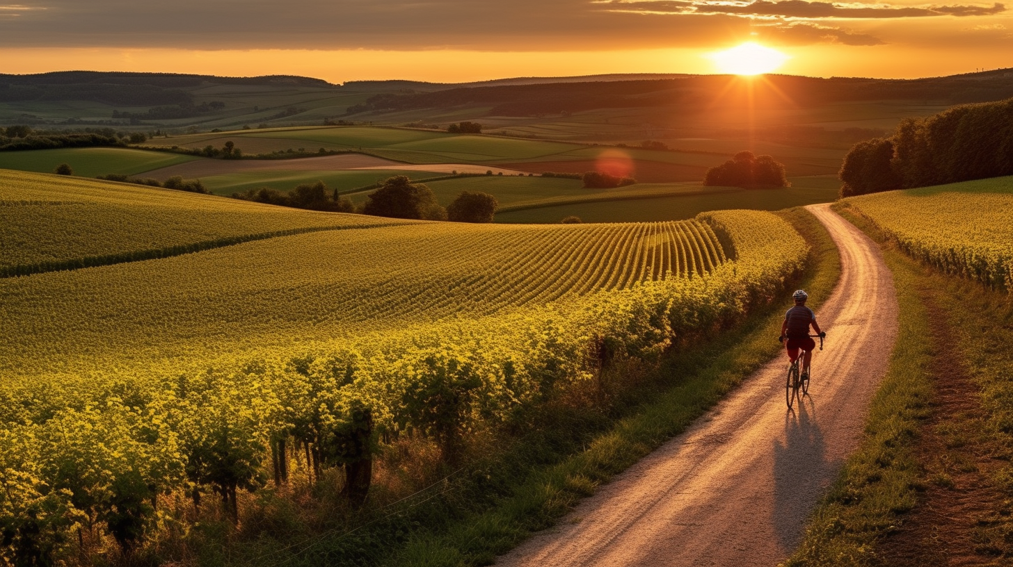 Man on bicycle in champagne landscape