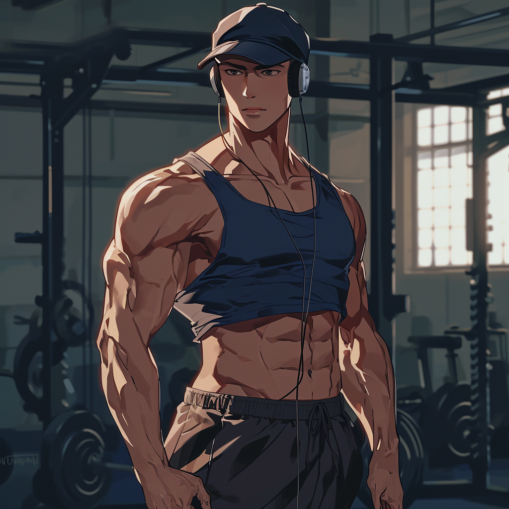 Muscular man in gym attire with headphones