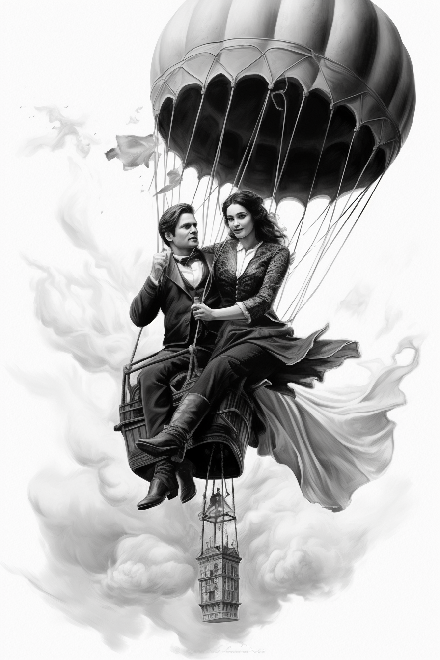 Black and white illustration of a man and Selena Gomez flying in a balloon