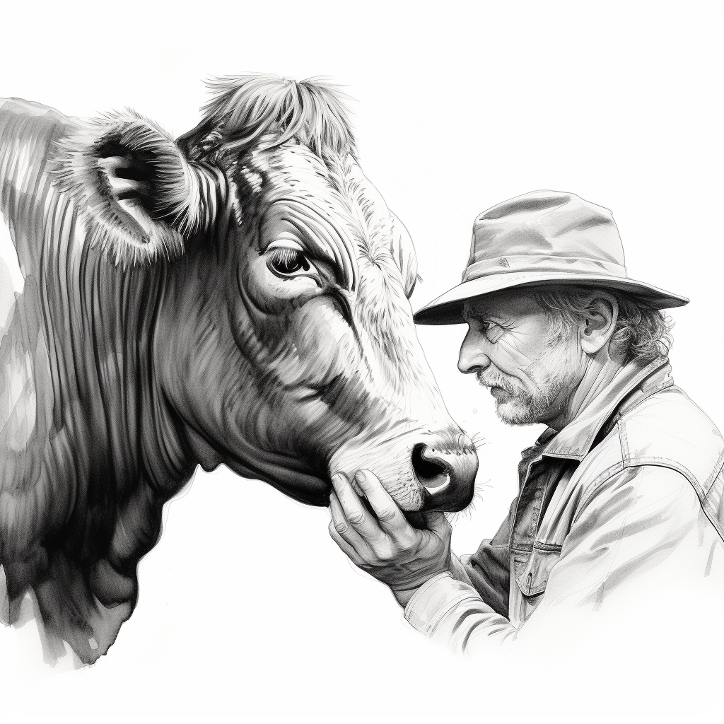 man milking cow - black and white drawing