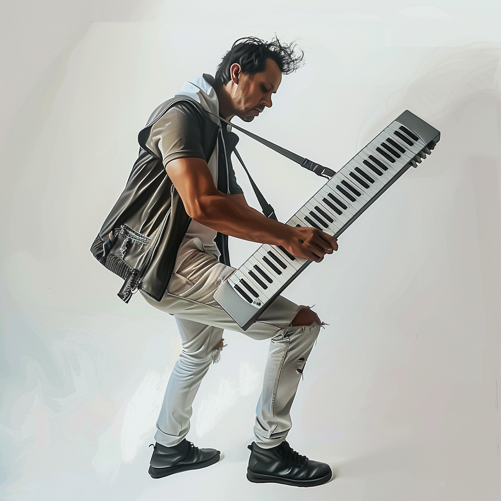 Man playing keytar on white background