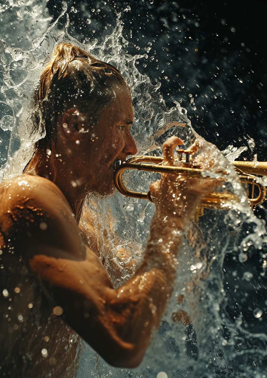 Man playing trumpet in waterfall