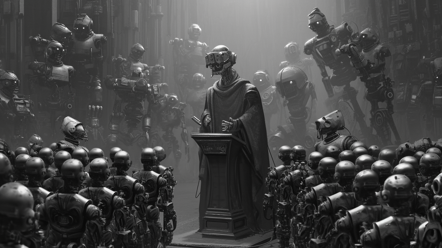 Priest delivering powerful speech to robot army