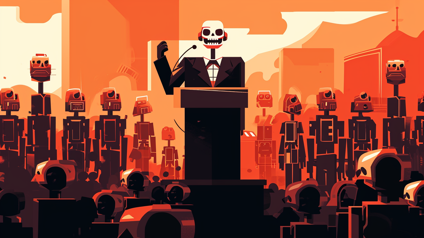 Man with Skull Mask addressing Army of Robots