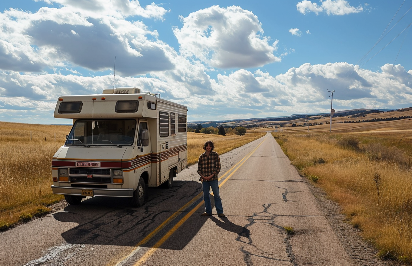 Man standing in front of 1970s RV on rural highway