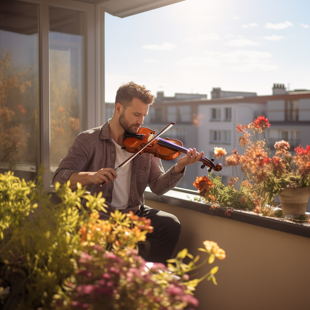 Man playing violin on balcony