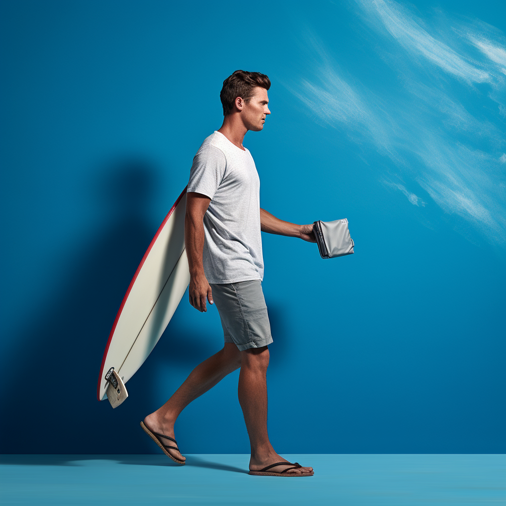 Man with Surfboard on Blue Backdrop