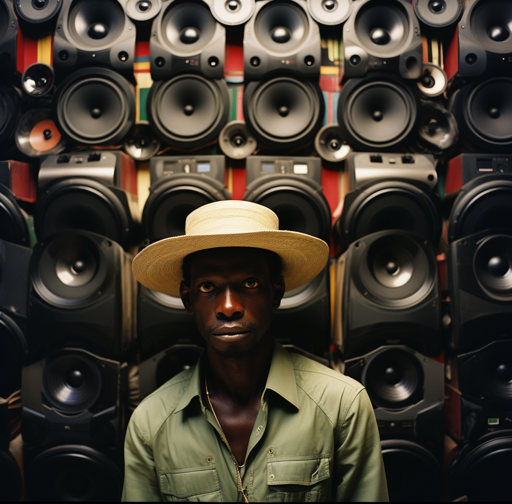 Stylish man standing by speakers