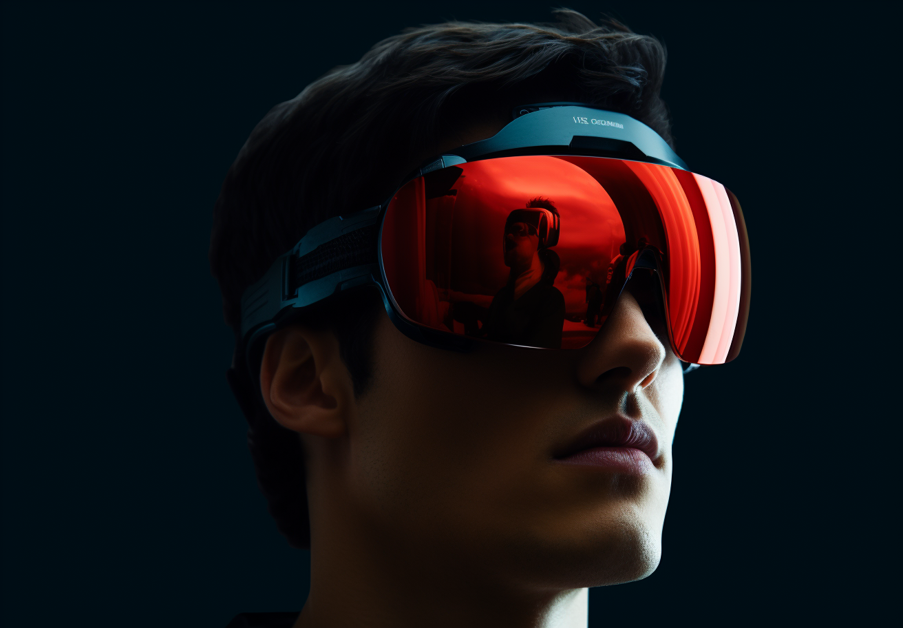 Closeup of man wearing virtual goggles and holding an apple