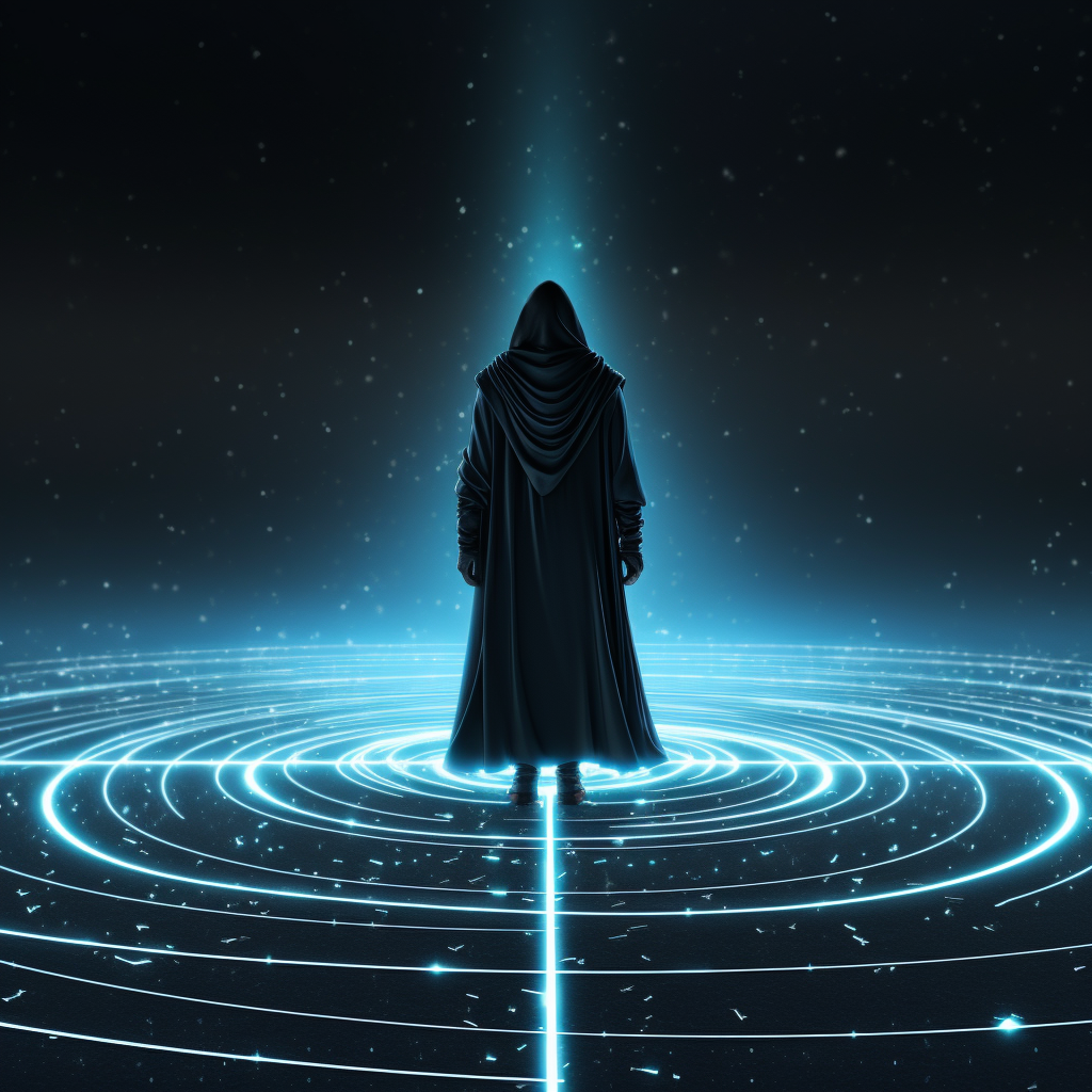 Man in black cloak looking at a horizontal line