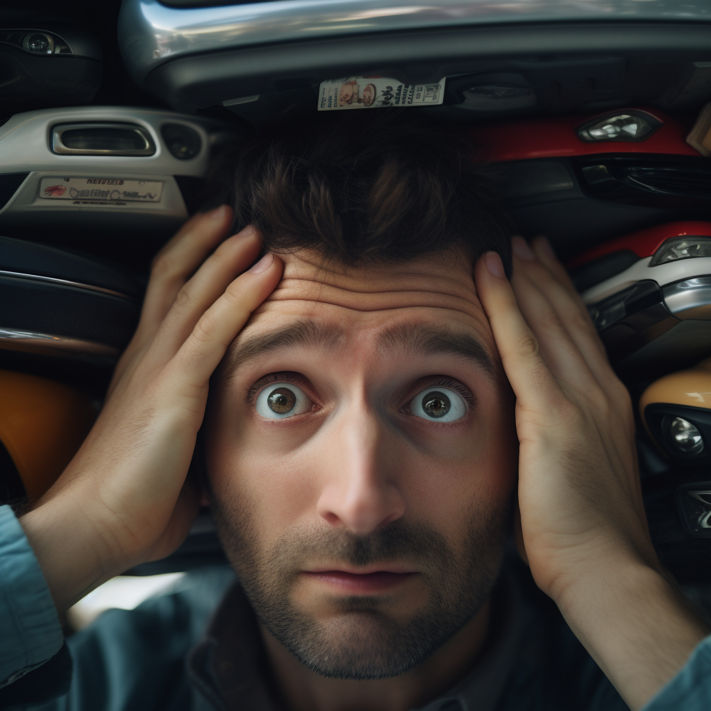 Closeup of a man extracting himself from a stack of cars