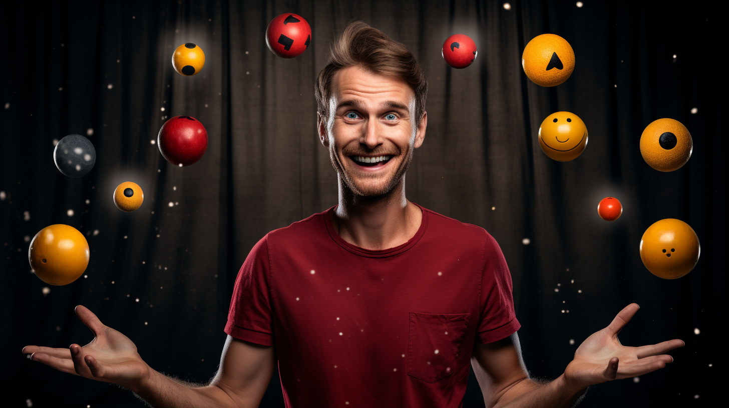 Man juggling 5 emoji balls