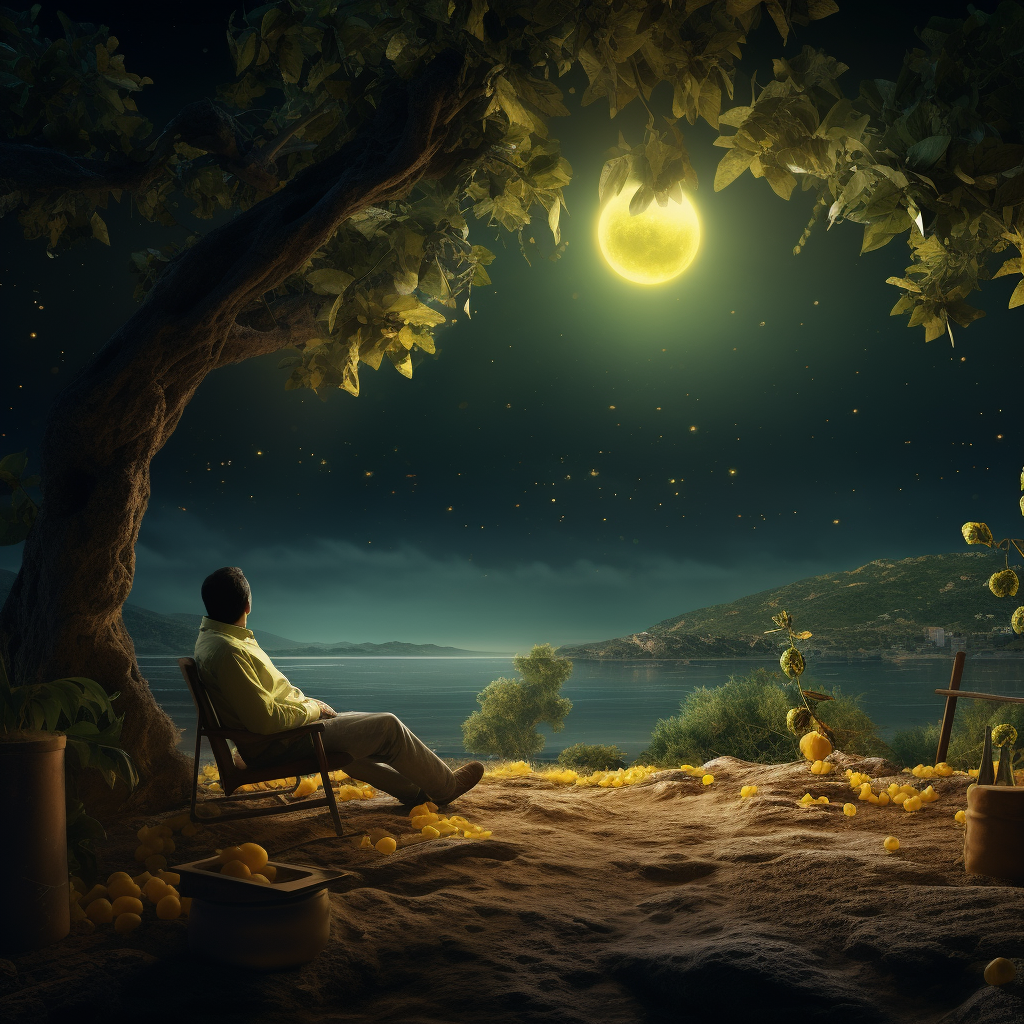 Man watching night sky under lemon tree