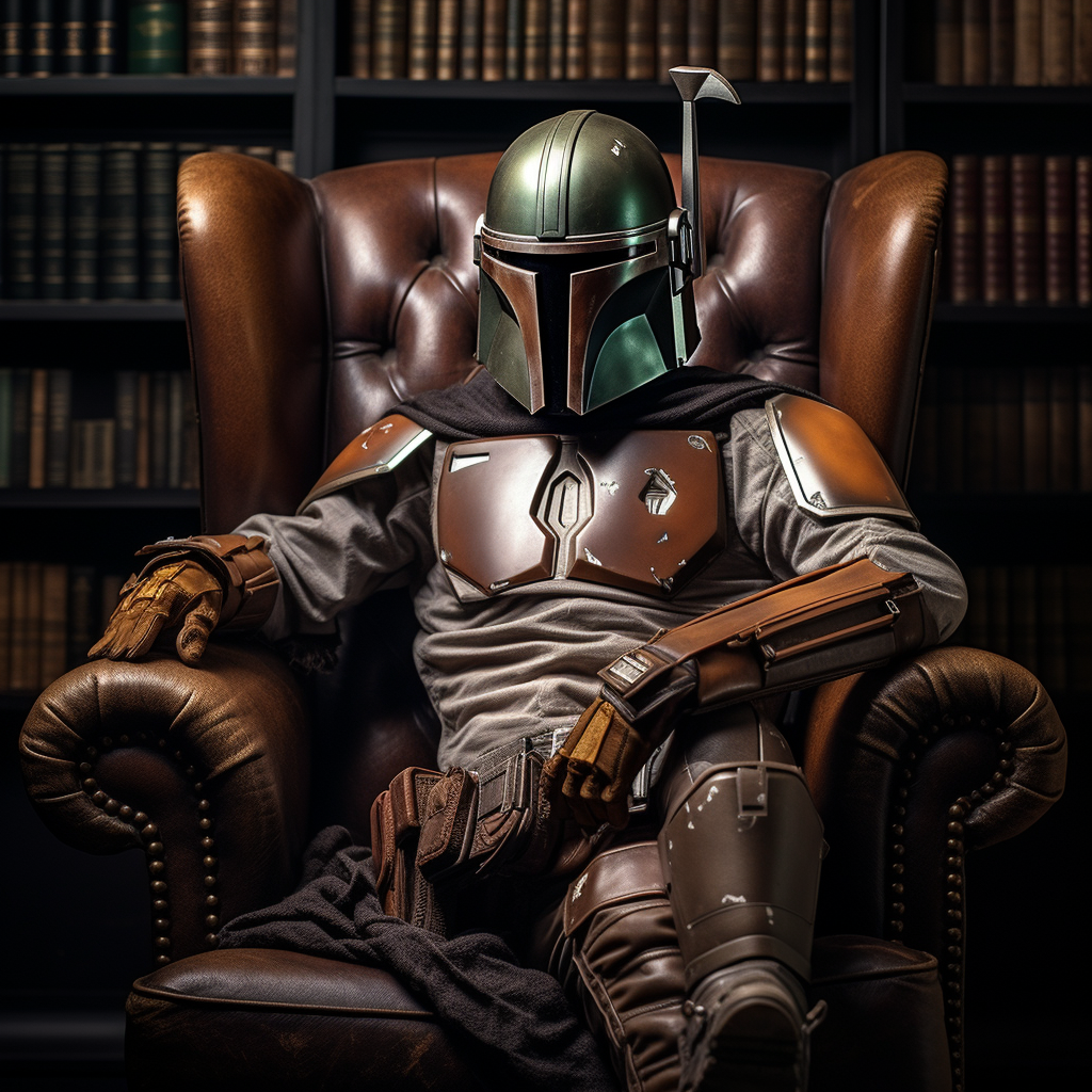 Mandalorian helmet on leather chair