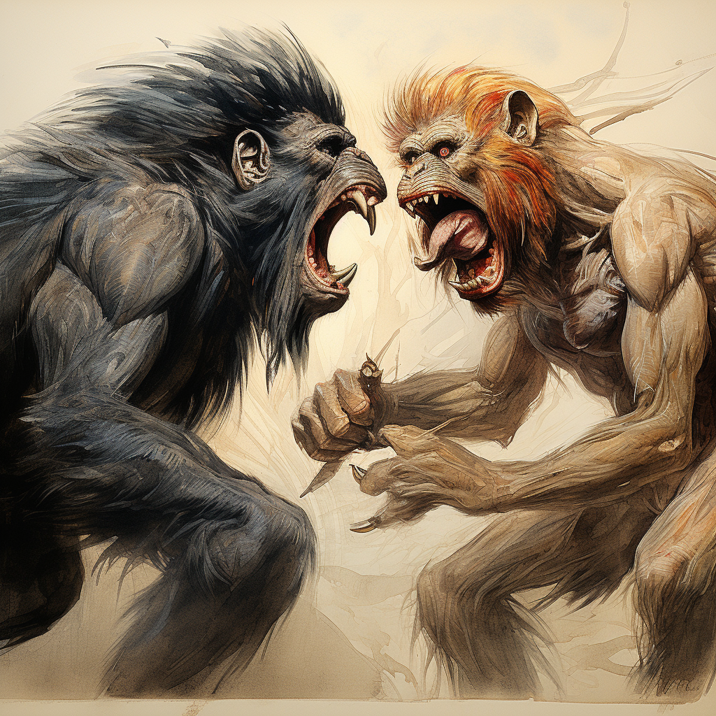 Mandrill and Gorilla Fighting Cartoon