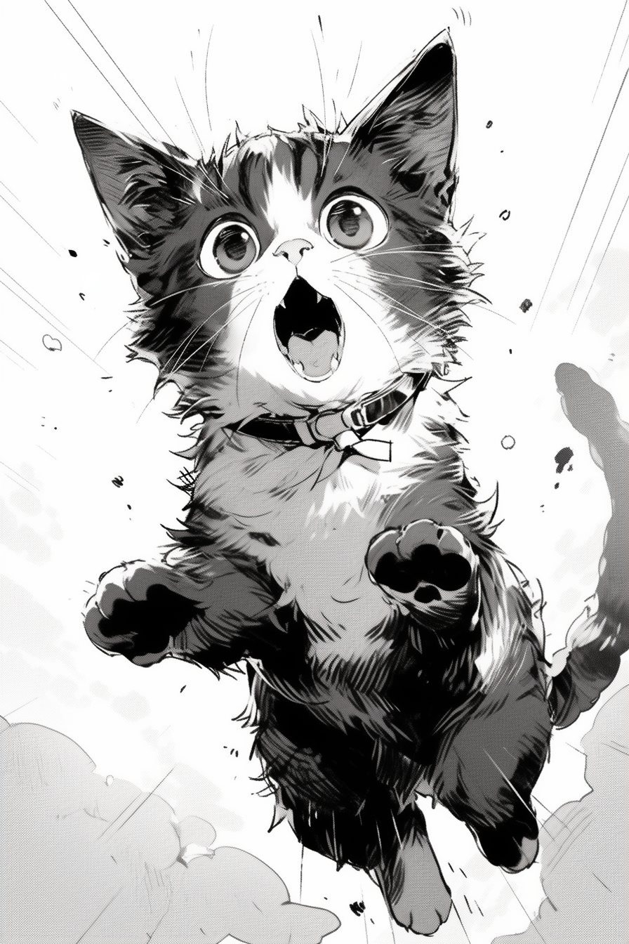 Manga cat jumping in air drawing