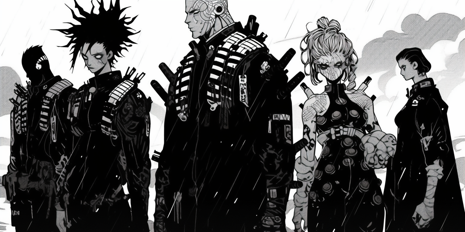 Futuristic manga cyberpunk mutants in black and white