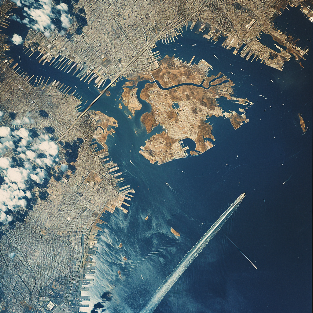 Satellite view of Manhattan Island with nearby meteor strike