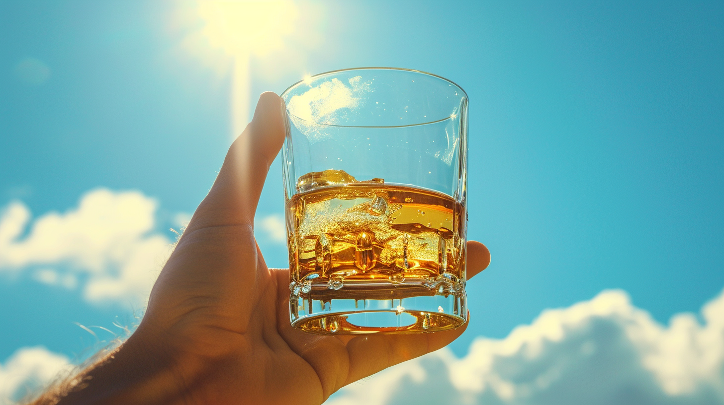 Hand Holding Whiskey Glass Against Blue Sky